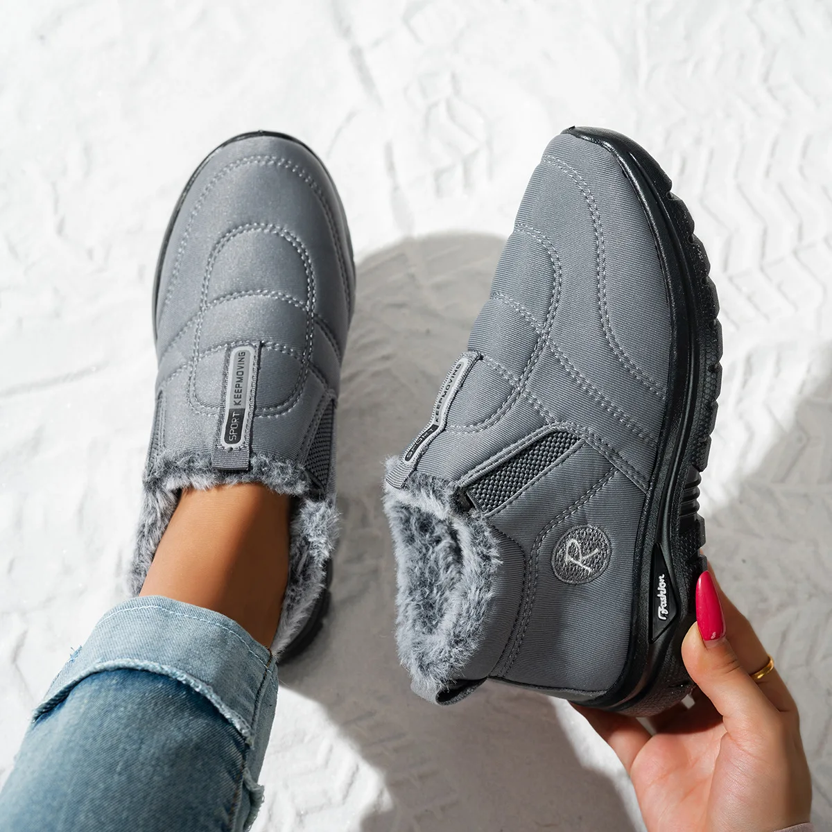 Damen-Knöchel-Schneestiefel, wasserabweisend, mit Plüsch gefüttert, seitlicher Reißverschluss, rutschfeste flache Sohle, warme, lässige Winter-Kurzstiefel – Detail 5