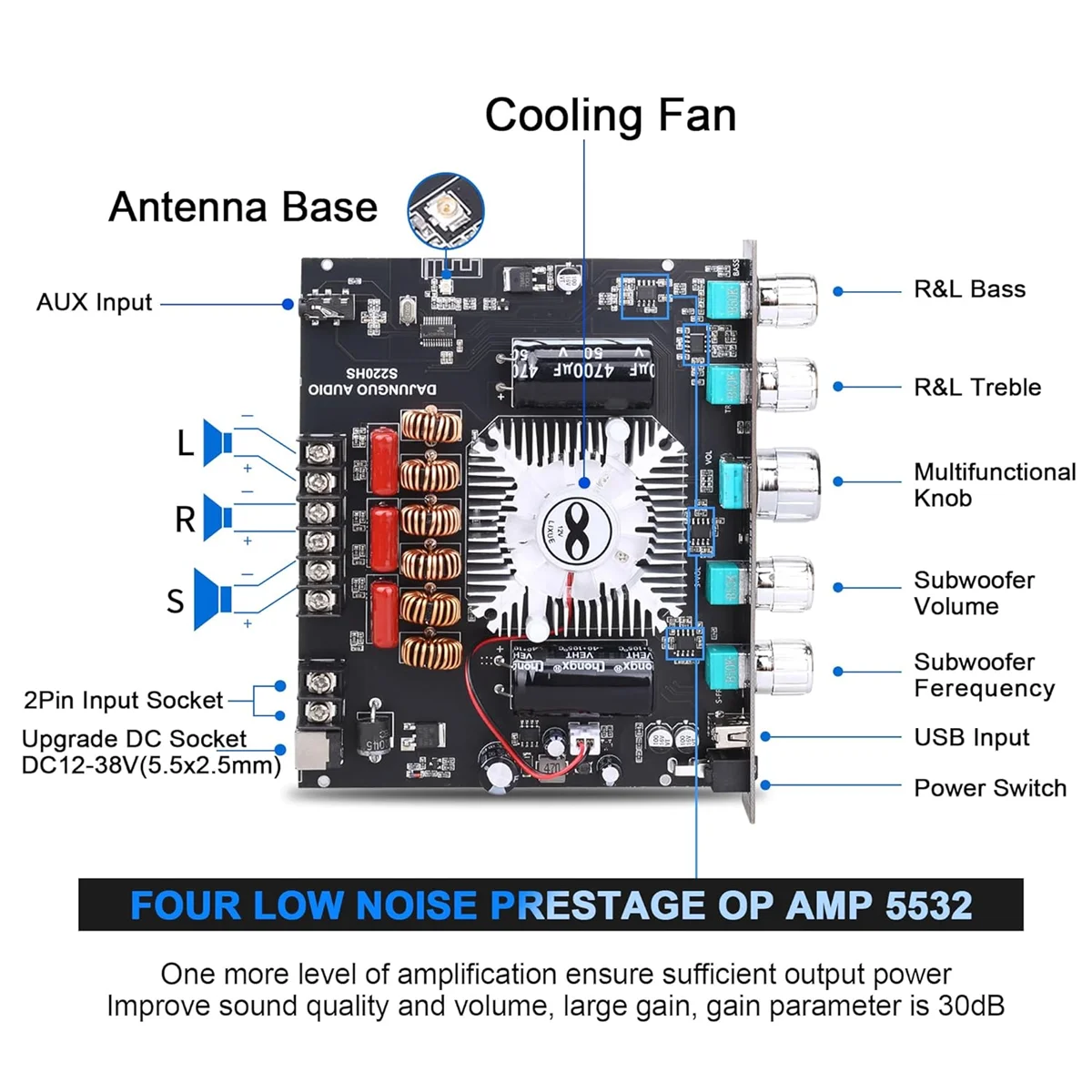 Imagem -03 - Dajunguo-placa Amplificadora de Potência Bluetooth Módulo Amplificador de Potência de Áudio 2.1 Canais Tda7498e 160wx2 Mais 220w 12v38v S220hs