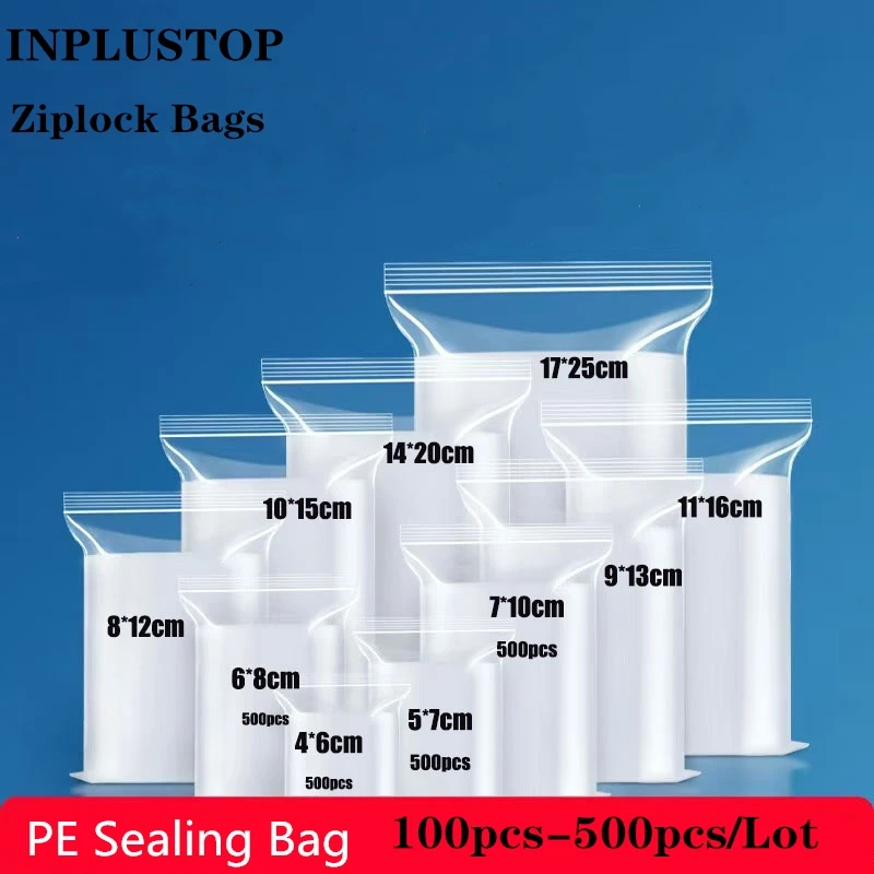 INPLUSTOP 100pcs/500pcs Transparent Ziplock Storage Bag Clear Food PE Sealed Bag Zip Lock Self Sealing Poly Zipper Jewelry Bags