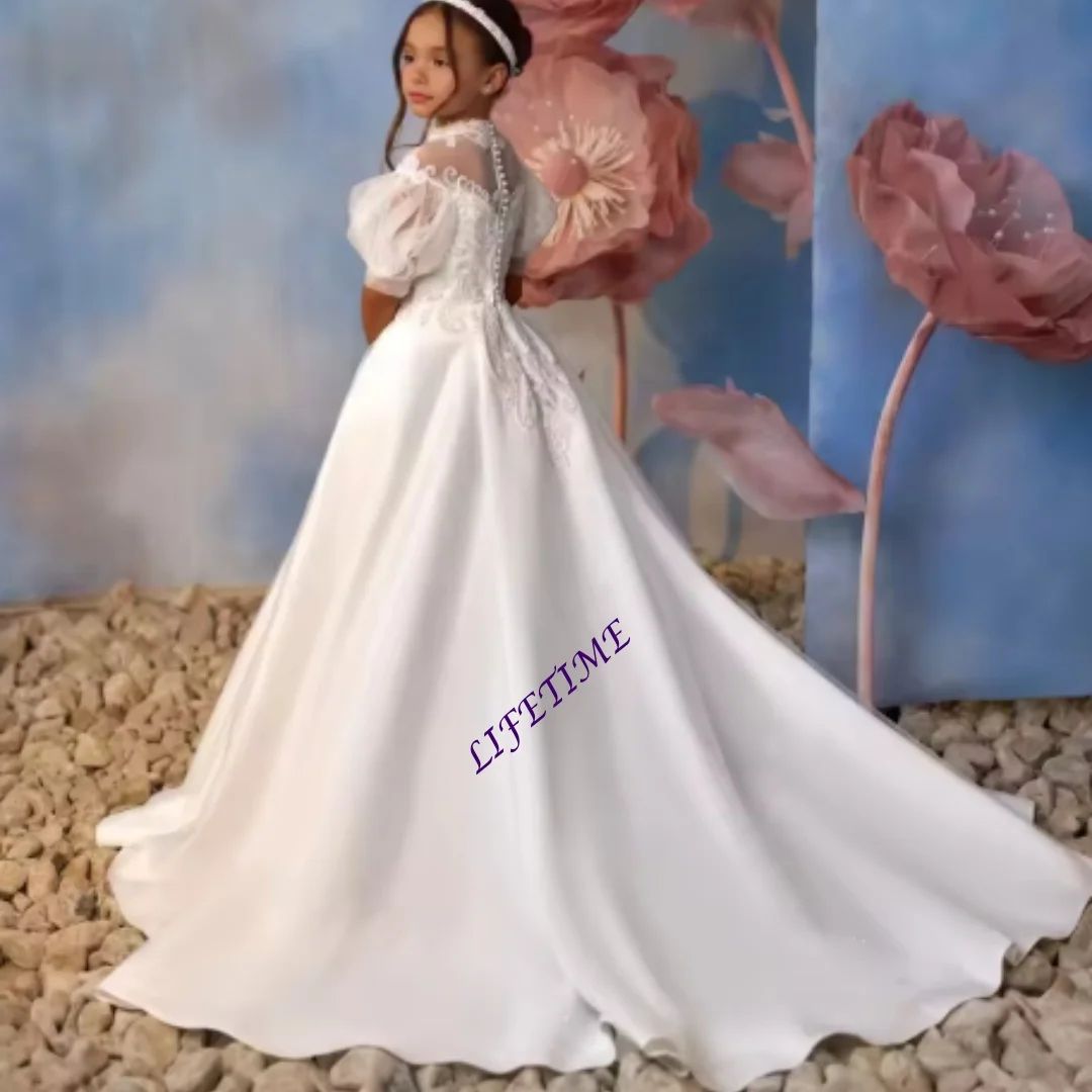 Prinzessinnen-Blumenmädchenkleid mit hohem Kragen, Applikationen, bodenlang, anpassbar, für Kindergeburtstagsfeiern, Hochzeiten, Erstkommunion.