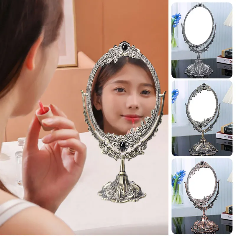 ヨーロッパのレトロな化粧鏡ドレッシングデスクトップ化粧鏡オーバルメタルバニティミラー寝室リビングルームドレッサー装飾