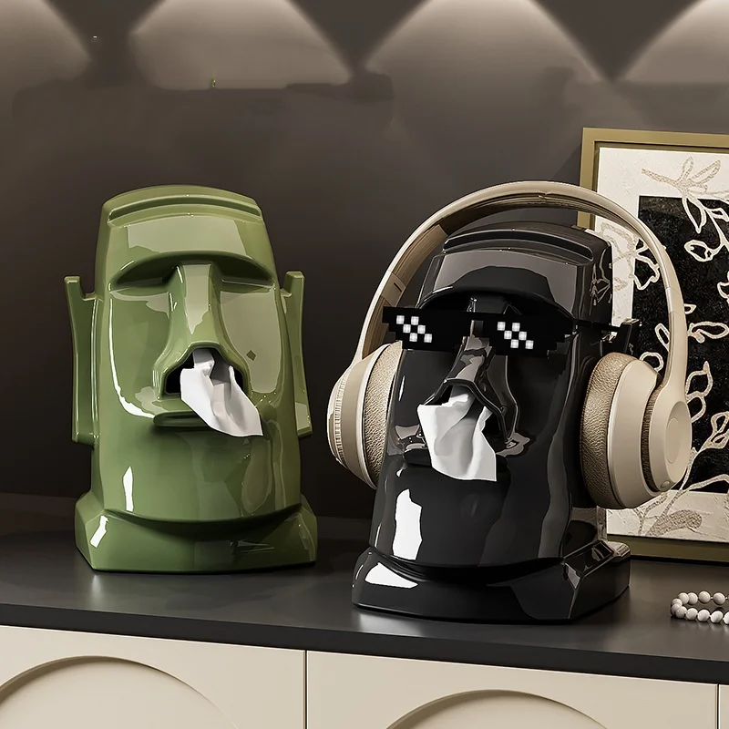 Moai Statue Tissue Box Holder 3in1 Headphone Stand & Sunglasses Holder Creative Easter Island Head Desktop Organizer for Home