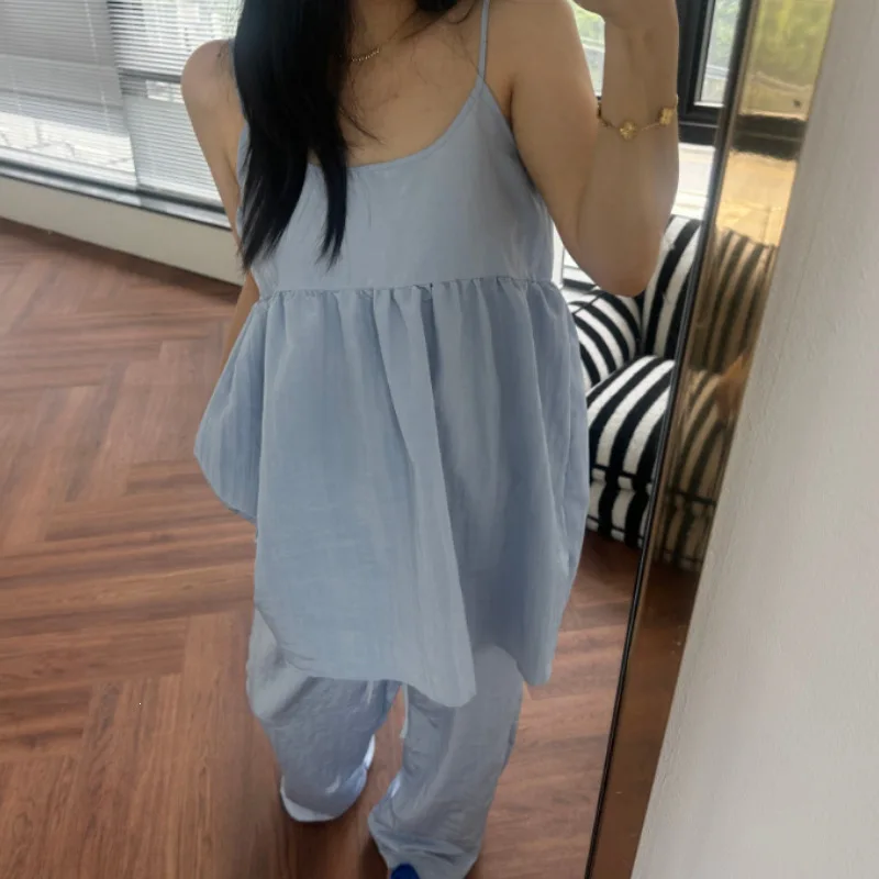 Summer Casual Fashionable Simple Matching Vest Top plus Loose Straight Leg Pants Two-Piece Set Polyester Blend Korean Style
