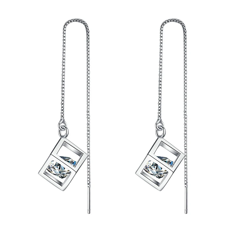 925 Sterling Silver Women\'s Crystal Jewelry New Long Chain Hollow Square Box Drop Earrings XY0015