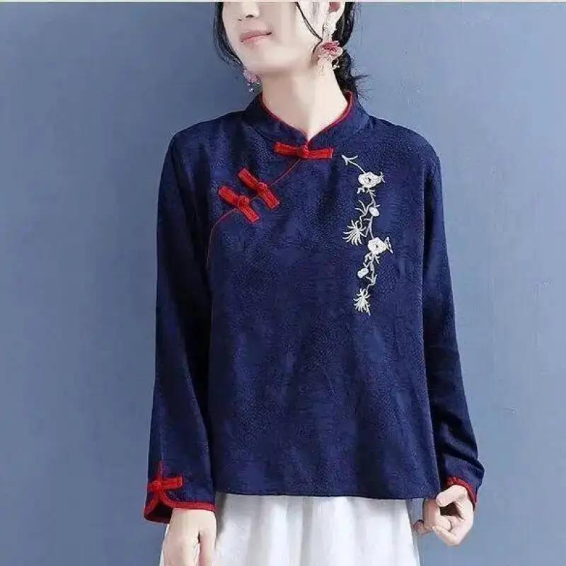 Vintage Embroidery Shirts Women Long Sleeves Casual Tops Chinese Style Button Linen Top Traditional Women's Wear Tea Clothing