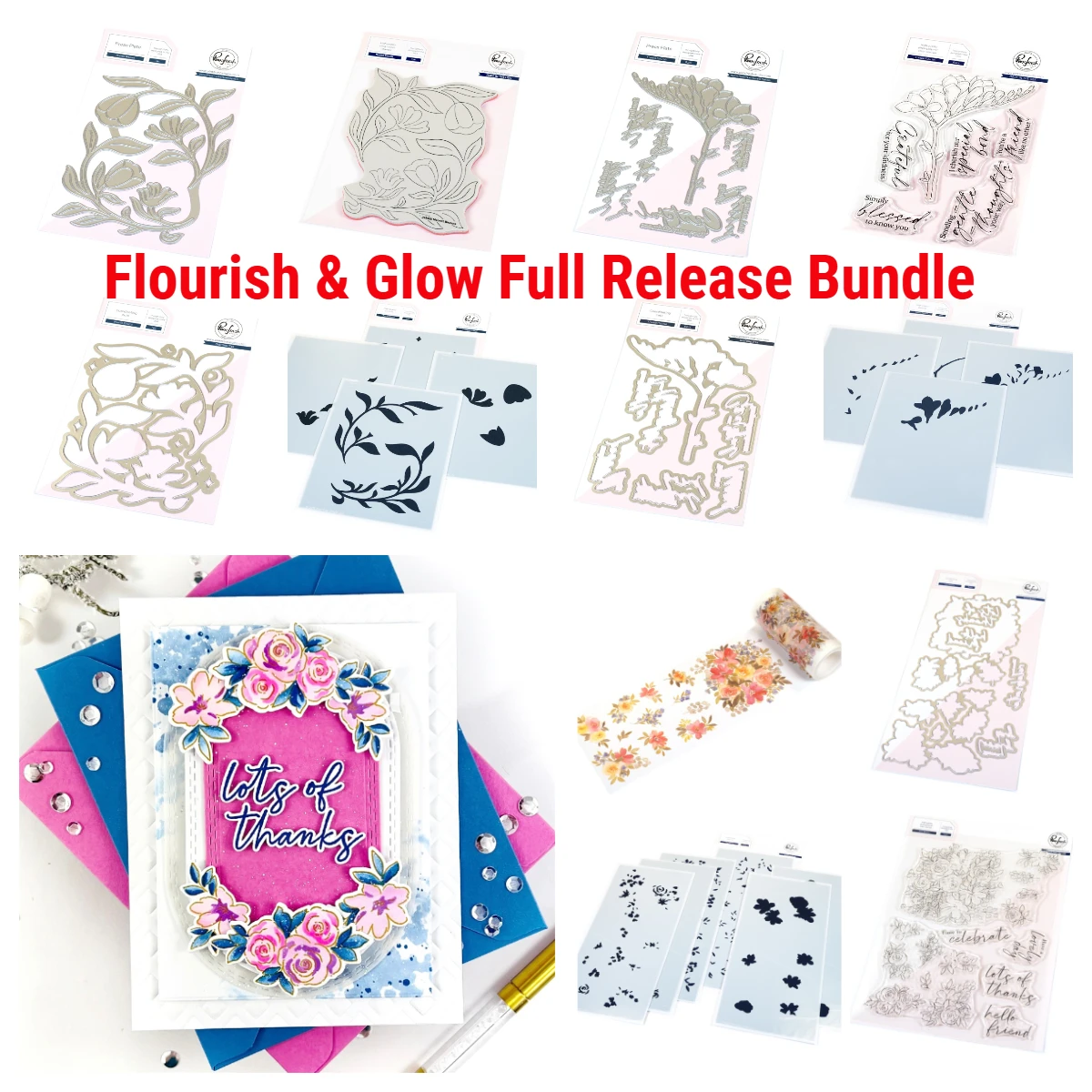

Clear Stamps, Metal Cutting Dies, Stencil, Hot Foil, DIY Scrapbooking, Card Paper, Handmade Flourish & Glow Full Release Bundle