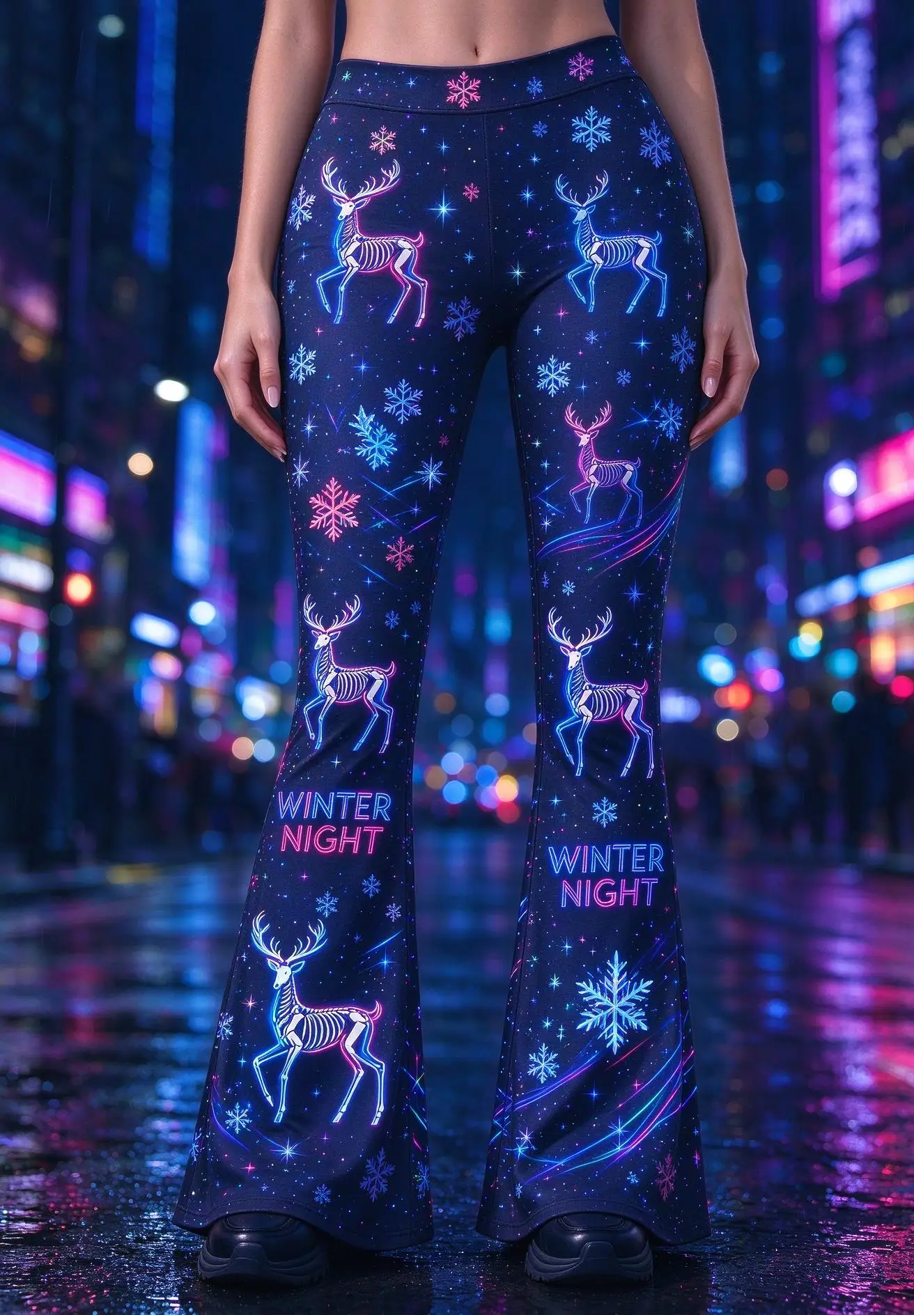 Women Mid Waist Skinny Flare Pants Christmas Neon Reindeer Tree Snowflake Print Stretch Bell Bottom Trousers