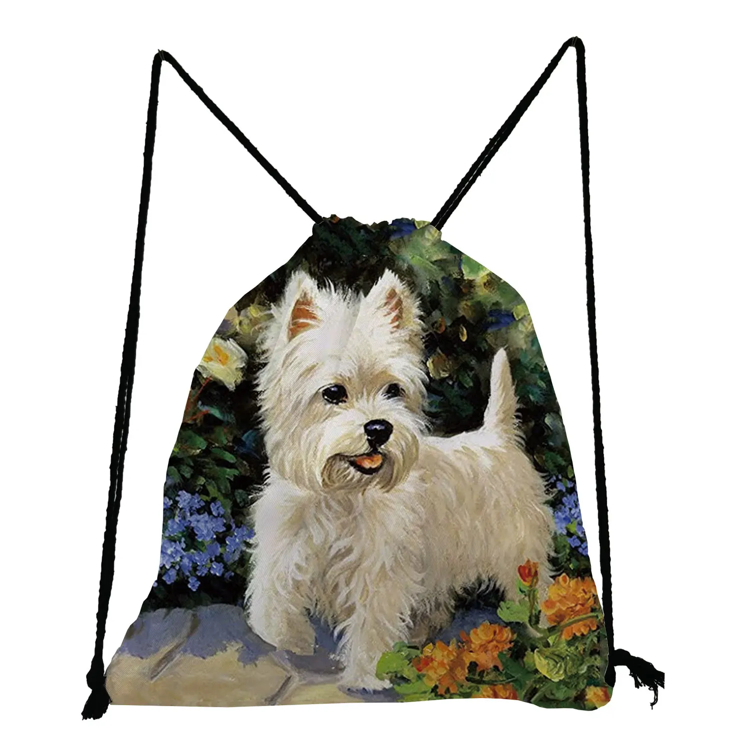 Arte pintura a óleo mochila do cão dos desenhos animados, Bonito animal impresso Drawstring sacos, Bookbag de meninas adolescentes, Eco reutilizável viagem armazenamento saco