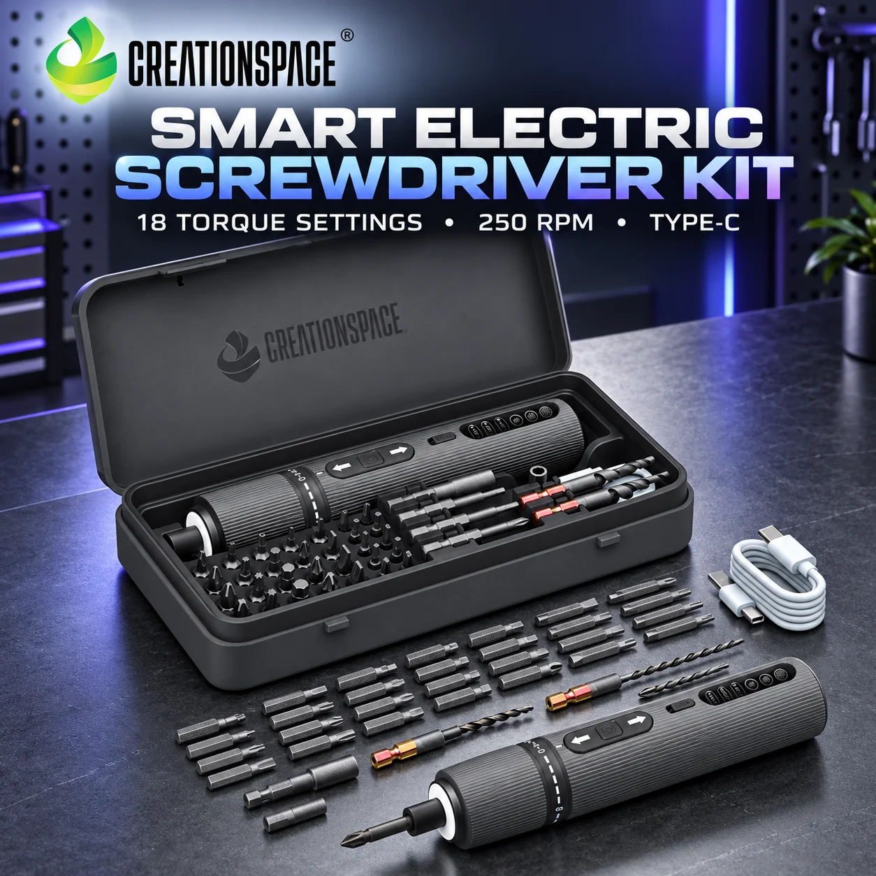 CREATIONSPACE 18-Level Torque Cordless Electric Screwdriver Kit 250RPM Type-C Rechargeable Precision Repair Power Tool Set