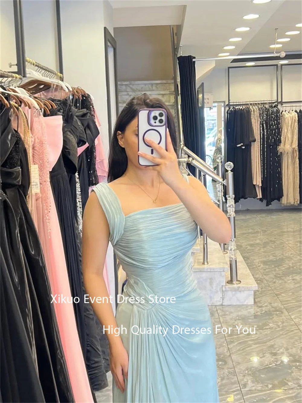 Xikuo Girly A Line Sleeveless Prom Gown Pink Pleated Vestido De Noche Spaghetti Strap Summer Party Pink Evening Dress Customized