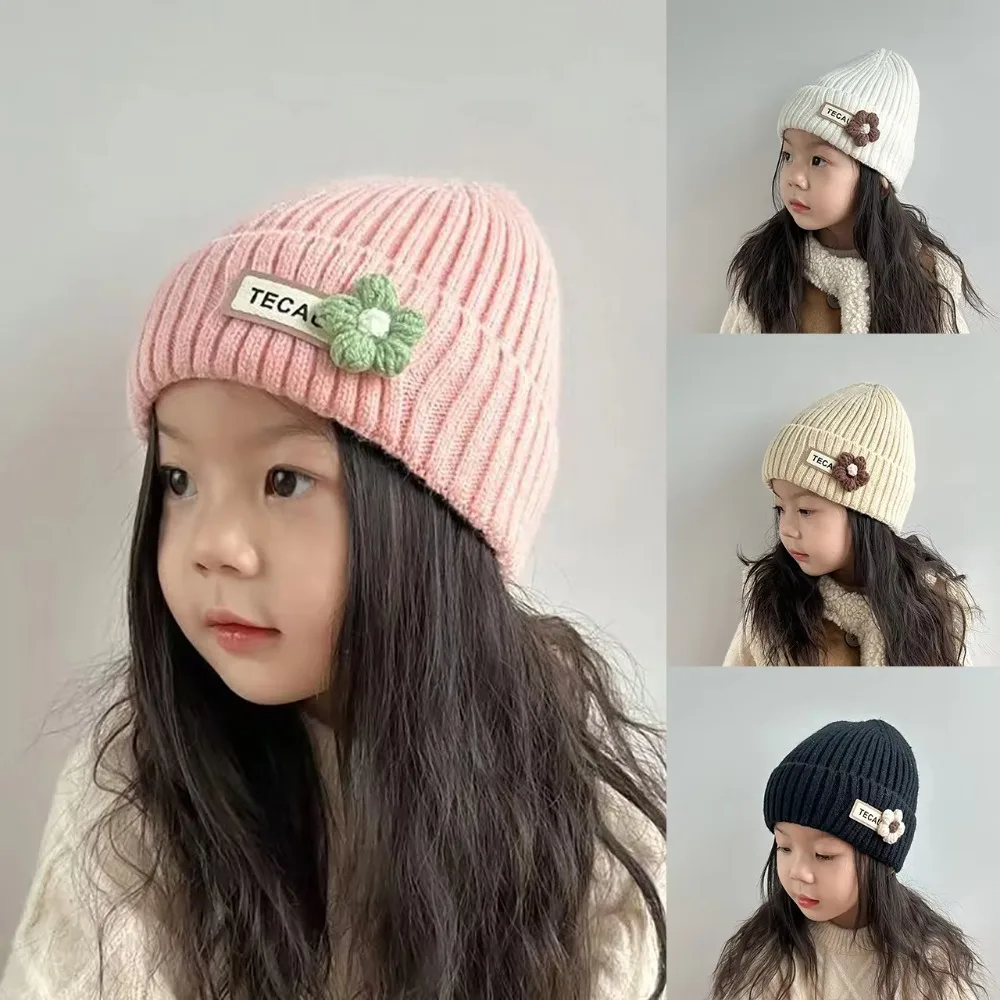 

Warm Cute Flower Baby Beanie Hat Solid Color Windproof Knit Hat Thicken Ear Protection Hats Girls