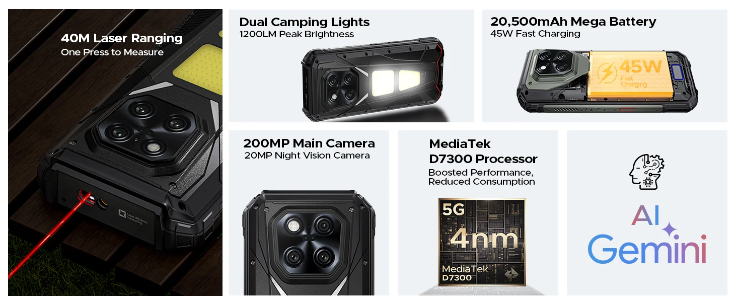 DOOGEE V Max LR Laser Rangefinder 5G AI Rugged Phone 36GB+512GB 6.78'' Display 20500mAh Battery Dual Camping Lights Smart phones