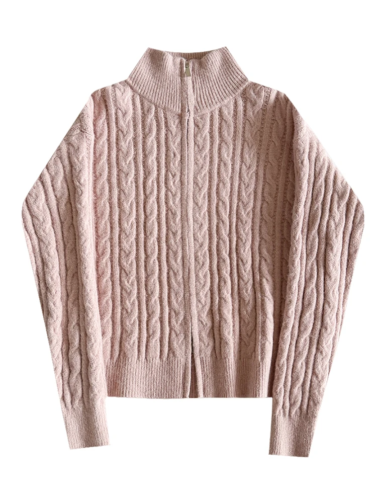 سترة محبوكة مزدوجة السحاب بلون نقي للنساء دافئة Sli الكورية Sle الخريف الشتاء وصول جديد تنوعا الوقوف طوق