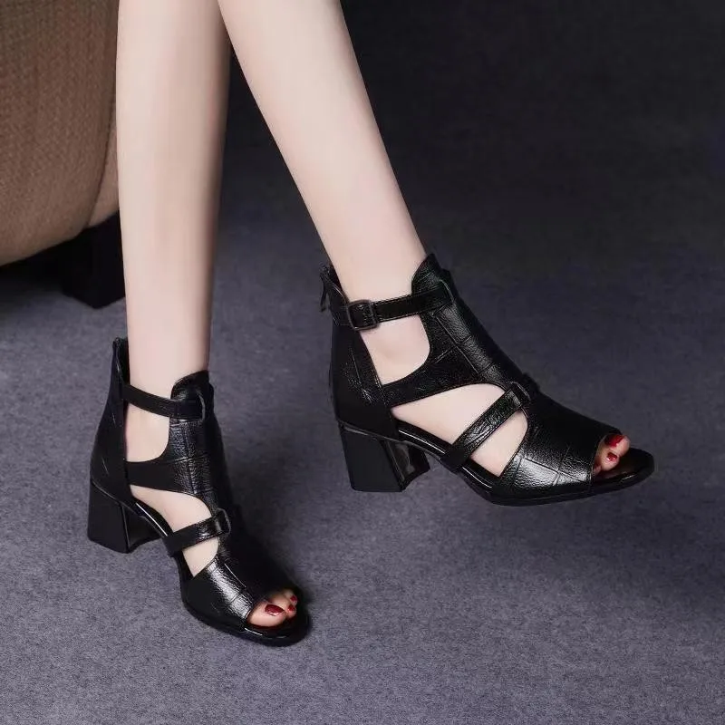 Thick Heels Sandals Women 2024 Summer New Holow Out Sandals Lady High Heeled Pumps Lady Peep Toe Cover Heel Fashion Roman Shoes