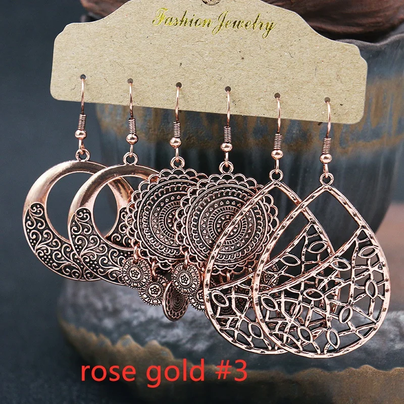 3Pairs Women's Fashion Jewelry Vintage Bohemian Ethnic Carved Dangle Earrings for Women Wedding Engagement Party Banquet Earring view 4