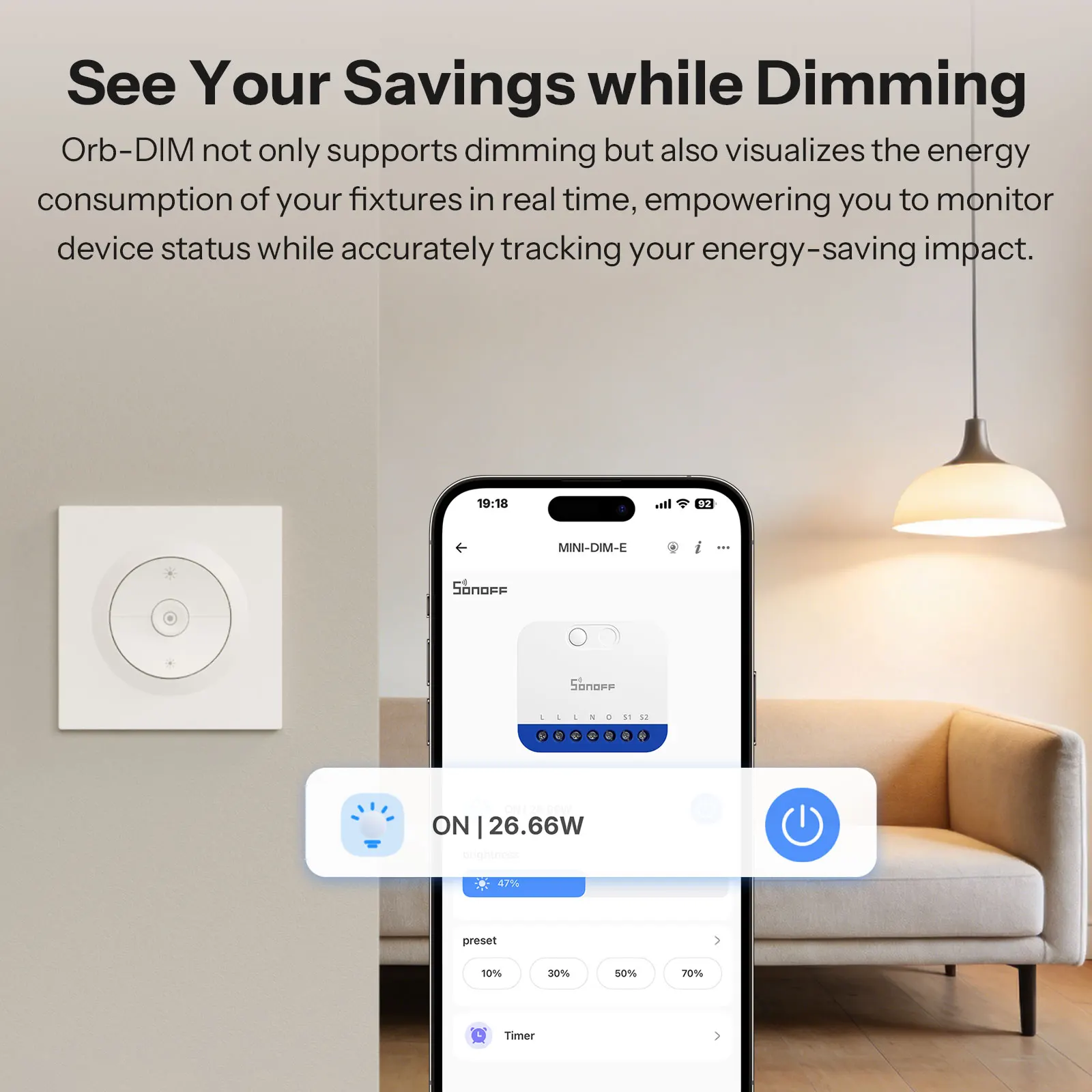 SONOFF Orb-DIM Matter over Wi-Fi Inteligentny Ściemniacz MINI-DIM-E Płynne Ściemnianie Bez Migotania Monitorowanie Energii Sterowanie Głosowe Alexa Google Home — zdjęcie produktu 4