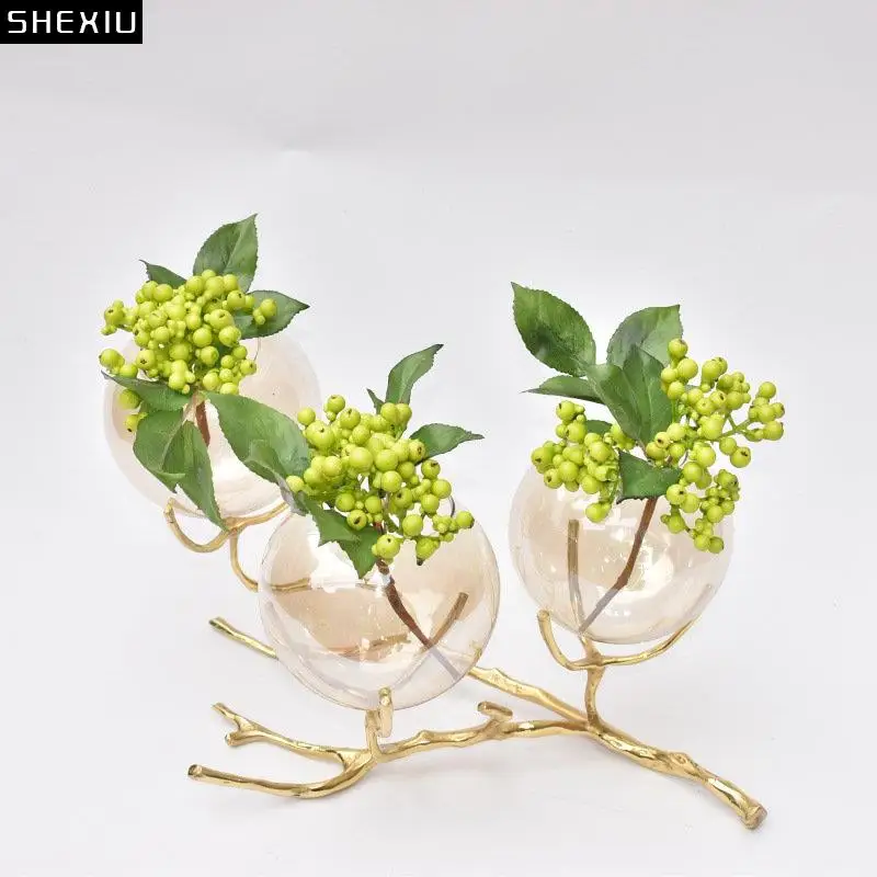 

Golden Branch Glass Vase Hydroponics Flower Pots Desk Decoration Artificial Flowers Decorative Creative Brass Base Floral Vases