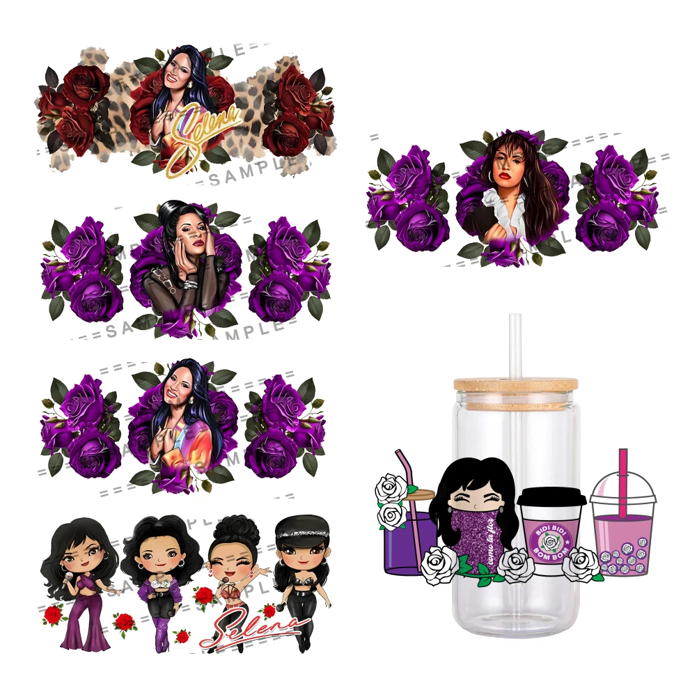 Cartoon Singer Star Selena Pattern For Libbey 16oz Can Glass 3D Waterproof UV DTF Coffee Can Wrap Libbey Glass Wrap