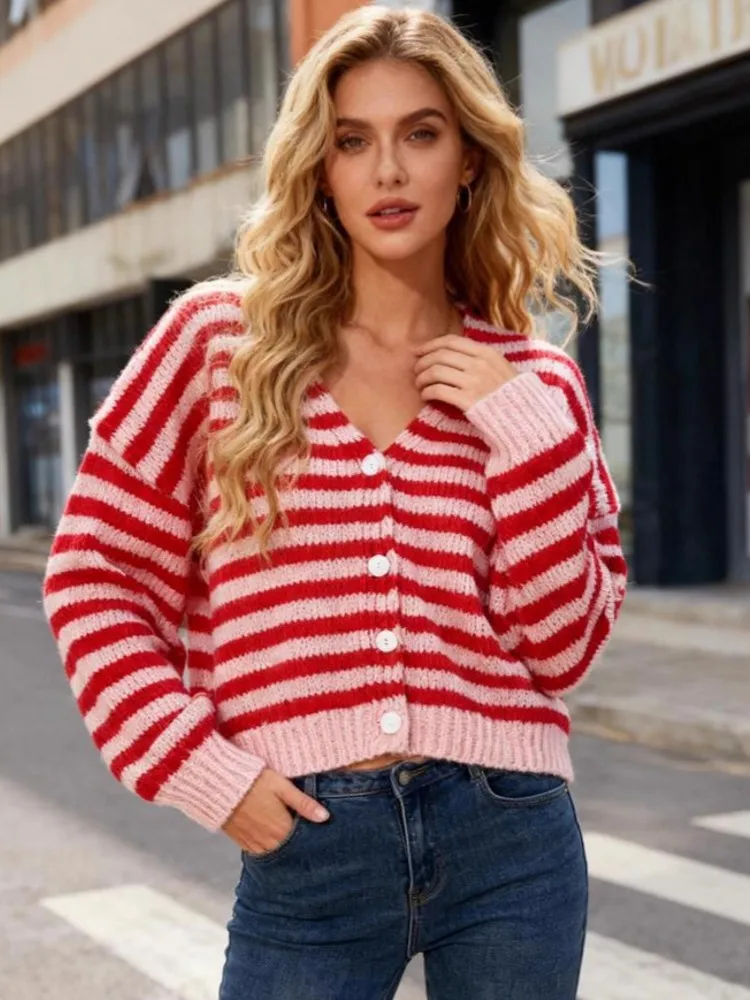 

Женский вязаный кардиган-свитер, пальто, осень-зима 2025 года, с длинным рукавом и v-образным вырезом, с принтом на пуговицах, трикотаж, женская верхняя одежда, куртка