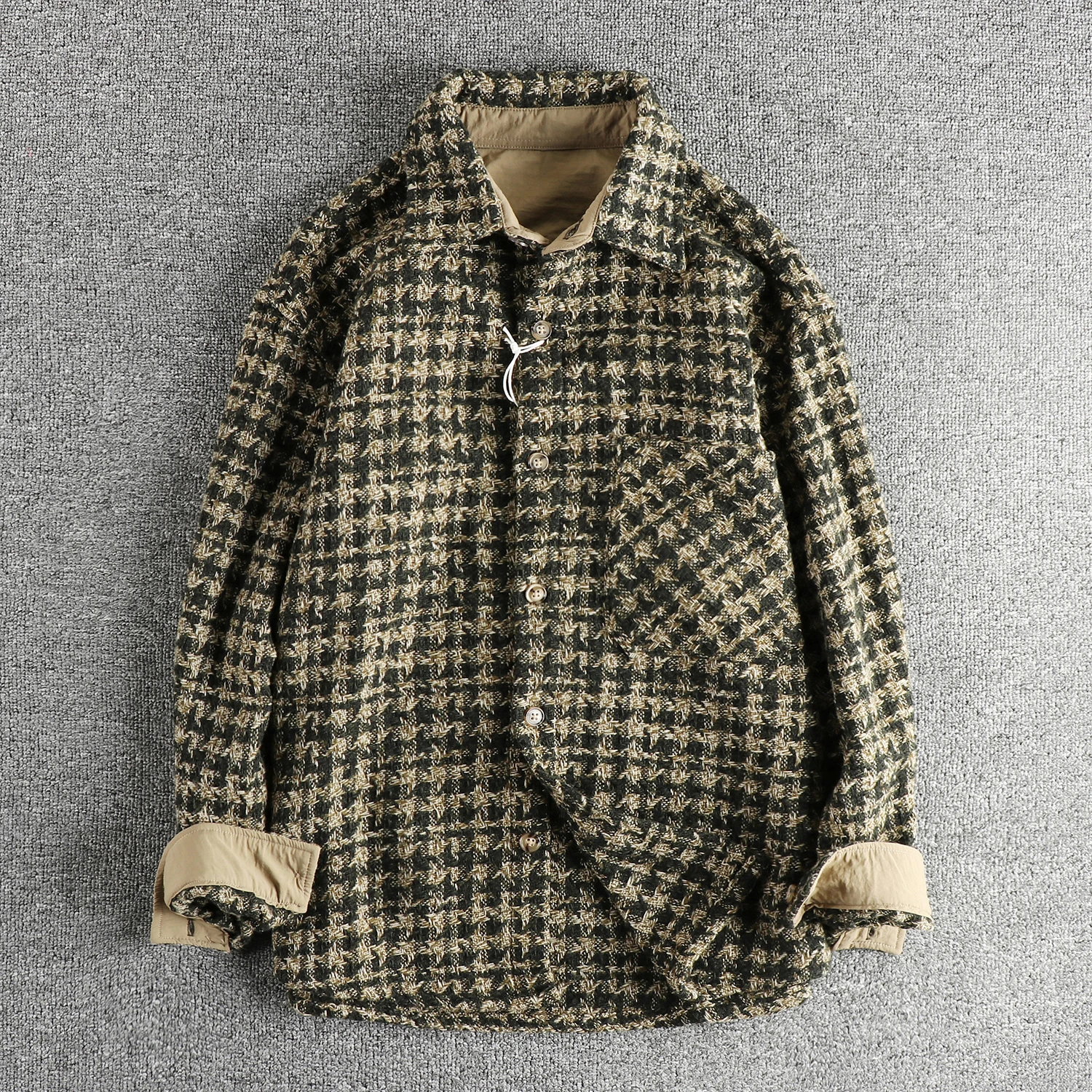 

2025 Spring New American Retro Long Sleeve Lapel Weave Plaid Shirt Men's High Street Pocket Casual Loose Thick Blouses Thin Coat