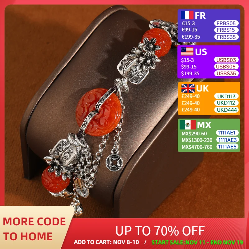 

Vintage Antique Silver Color Red Stone Charm Bracelet Natural Stones Feather Butterfly Chinese Style Woman Luxury Jewelry 2025