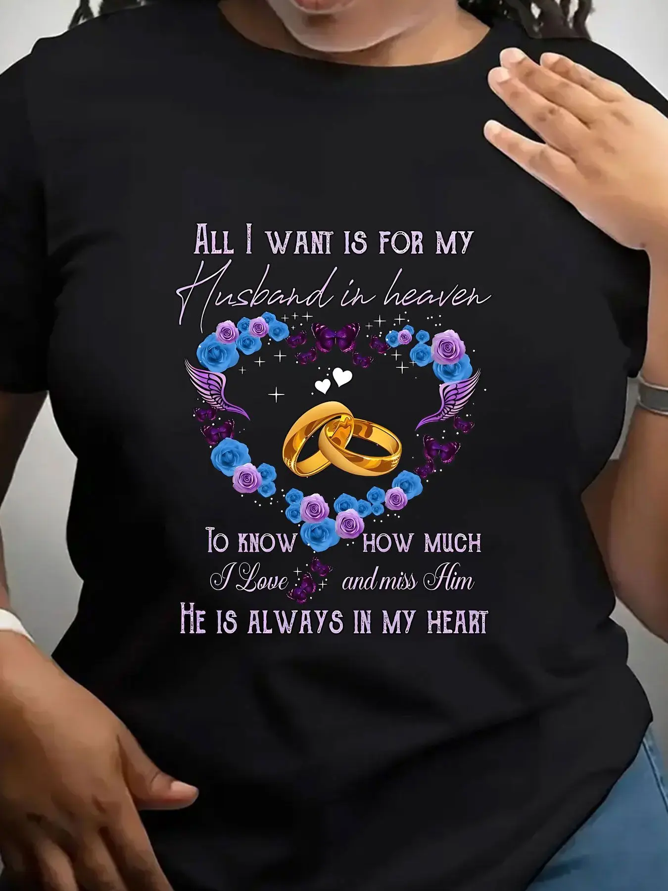 Women's Trendy Crew Neck T-Shirt Husband in Heaven Heart Rings Flowers Suitable for Casual Sportswear