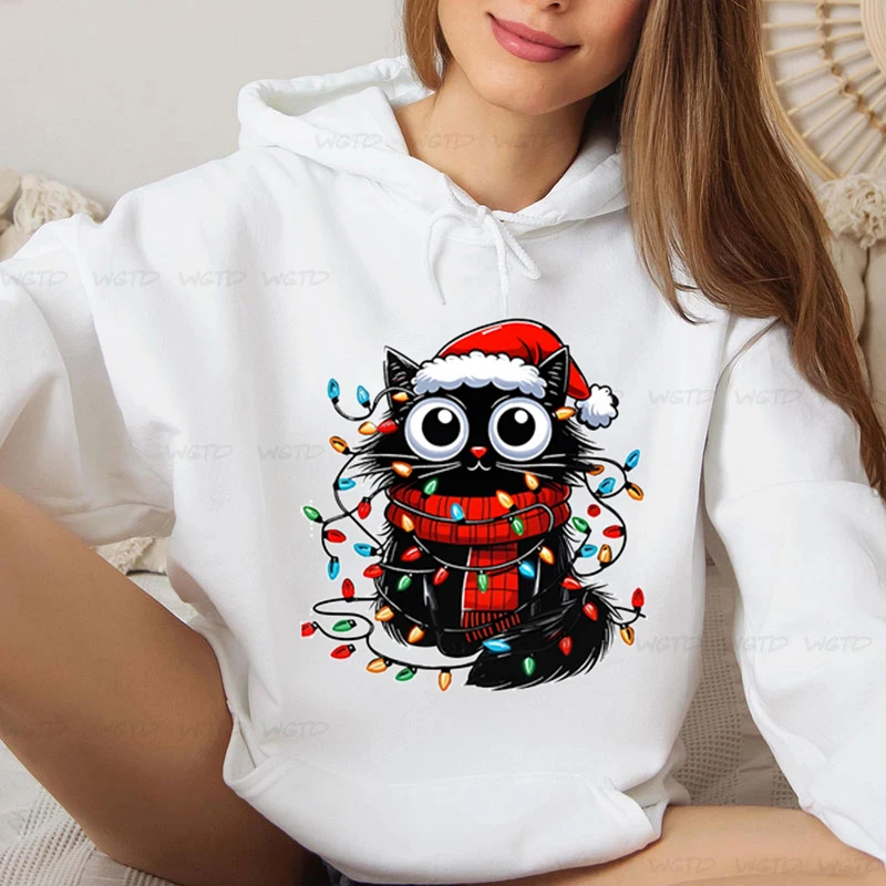 Funny Cartoon Christmas Cat Print Hoodies Street Sporty Women Sweatshirts Comfortable Crewneck Pullover Female Xmas Gifts Hooded