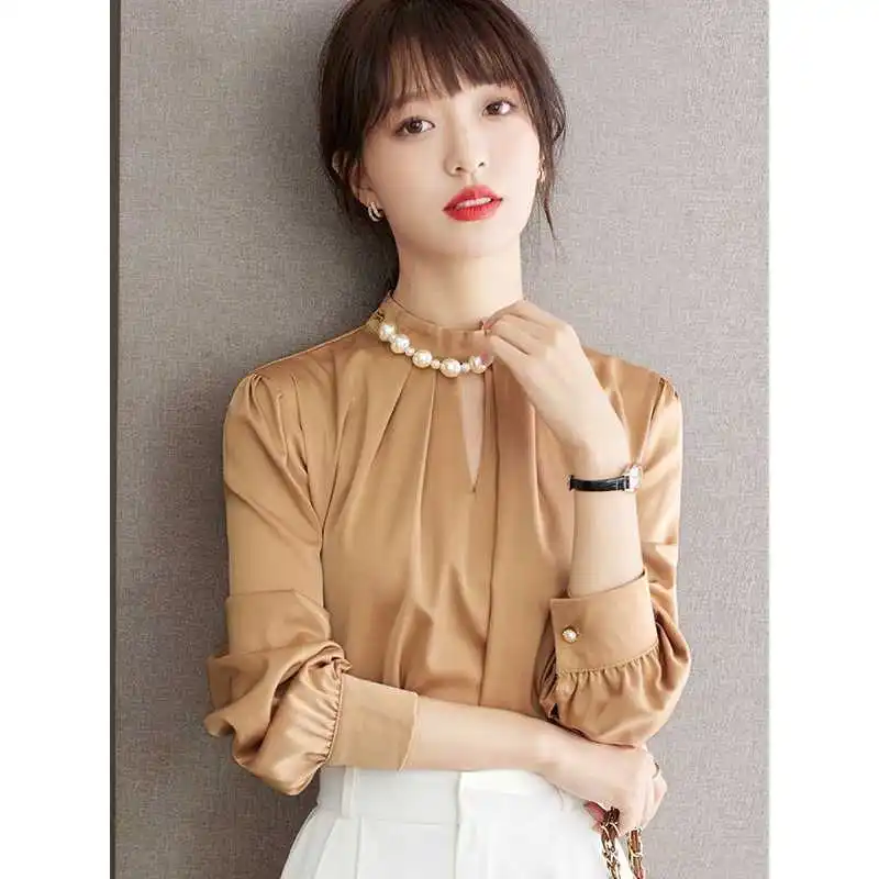 

Spring New Faion Women's Acetic Acid Satin Chain Chiffon irt Cleanfit Sle Bubble Sve Thin Long Sve Stand Collar