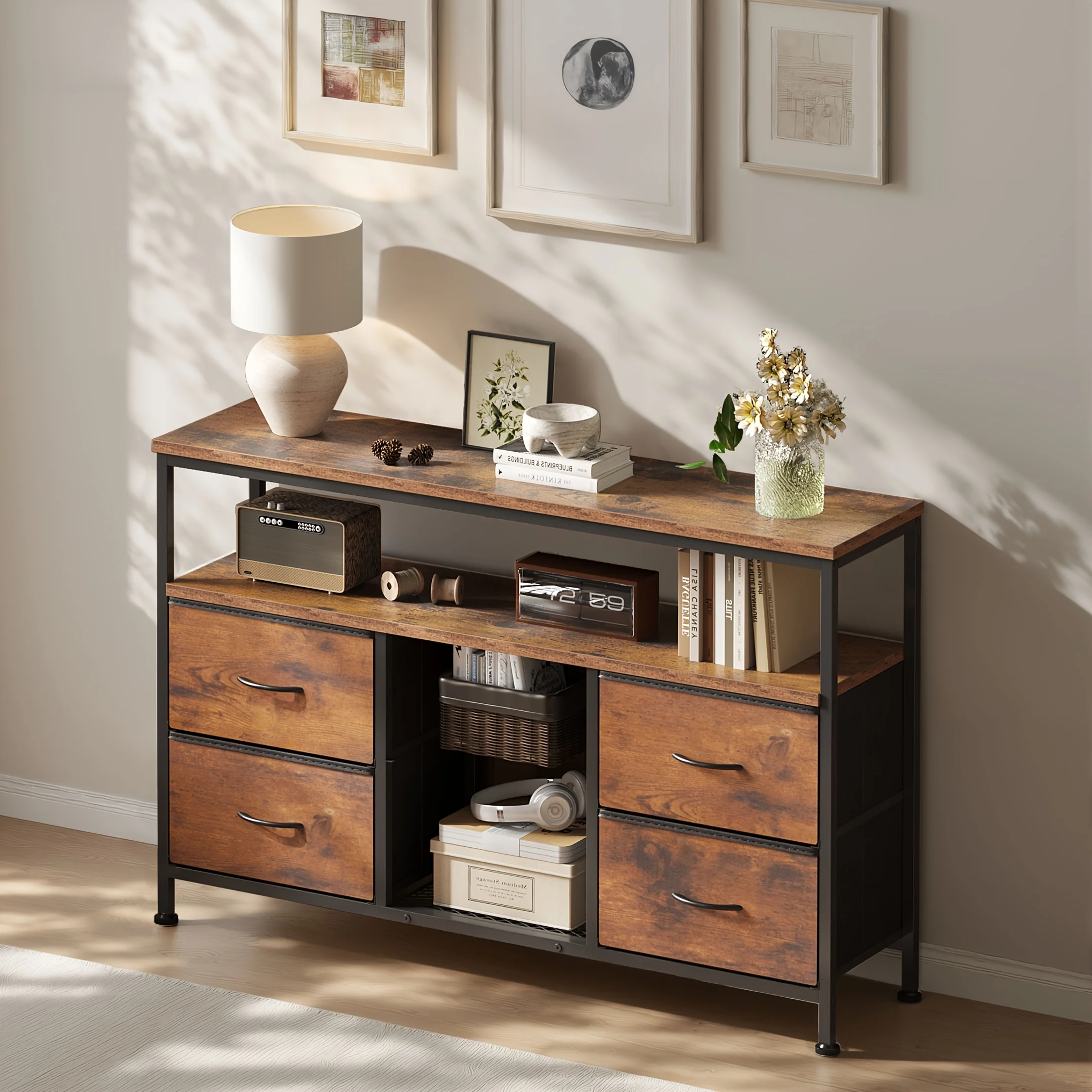 TV Stand Dresser with 4 Drawers, TV Stands Entertainment Cabinet with LED Lights Power Sockets, Adjustable Feet Open Shelves Media Console for 50 Inch TV, Living Room Furniture