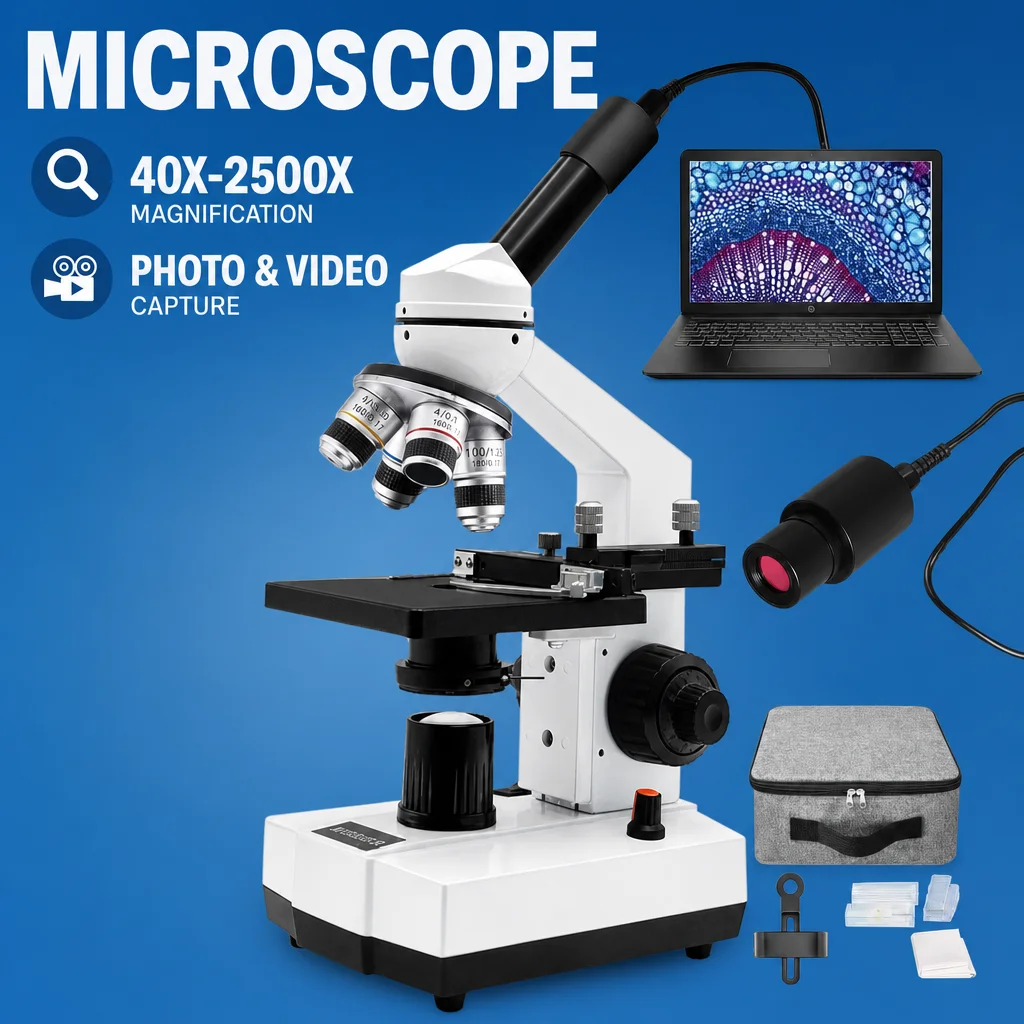 Binocular Compound Microscope 40x-2500x, 4-Objective Turret, Built-in HD Digital Camera Eyepiece – Connect to Computer for Real-