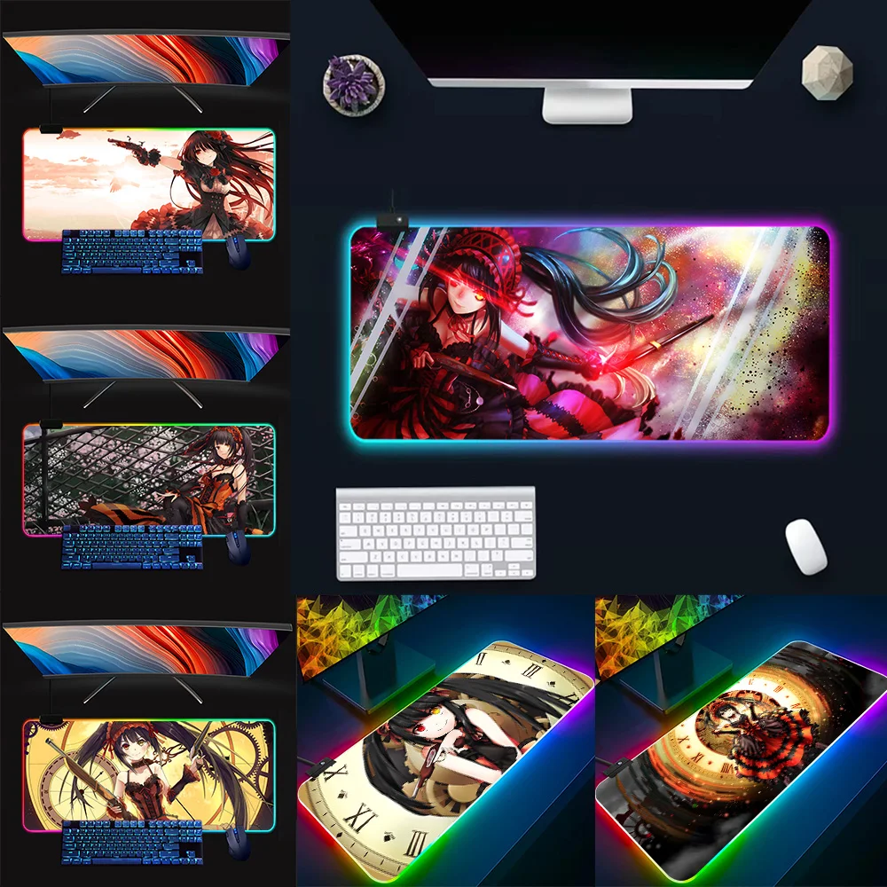 Tokisaki Kurumis RGB Pc Gamer Keyboard Mouse Pad Mousepad LED Glowing Mouse Mats Rubber Gaming Computer Mausepad