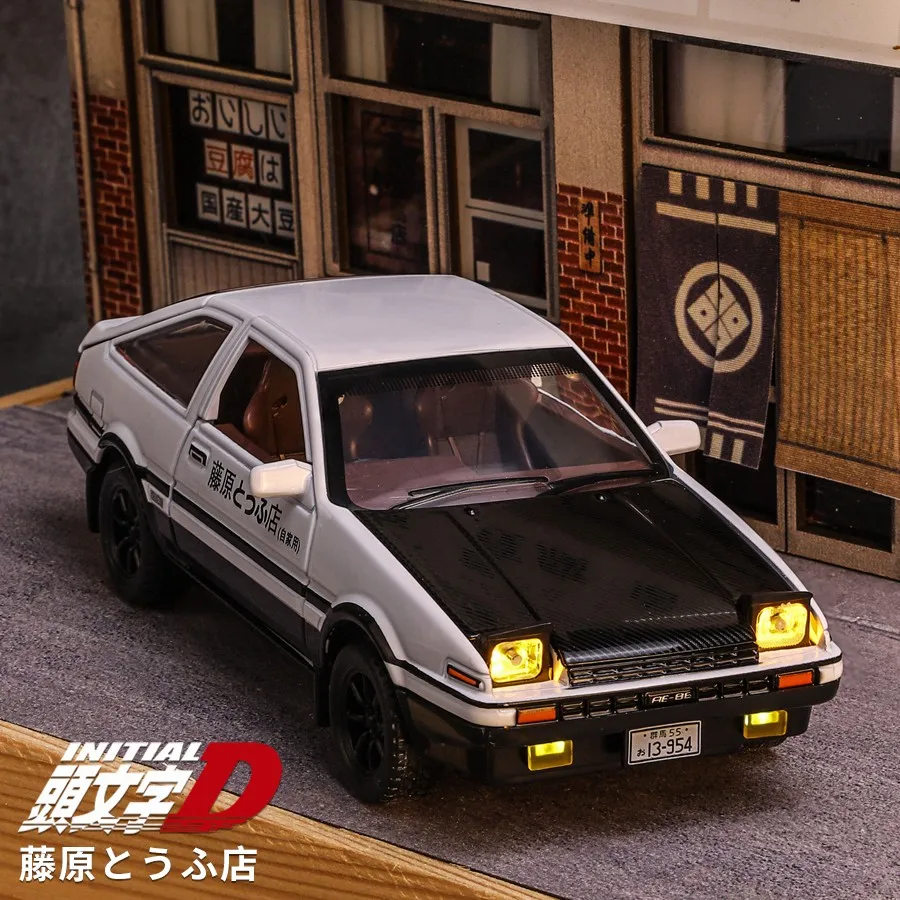 1/32 Initial D AE86 Toy Car Diecast Toyota Miniature Model Pull Back Sound Light Doors Openable Educational Collection Gift Kid