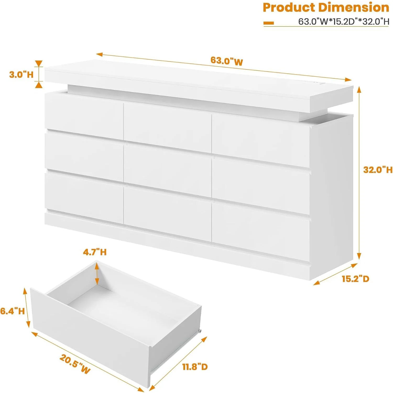 63in 9 Drawer Dresser With LED Lights & Charging Station, Wide Bedroom Chest TV Stand Console For Living Room Entryway Hallway