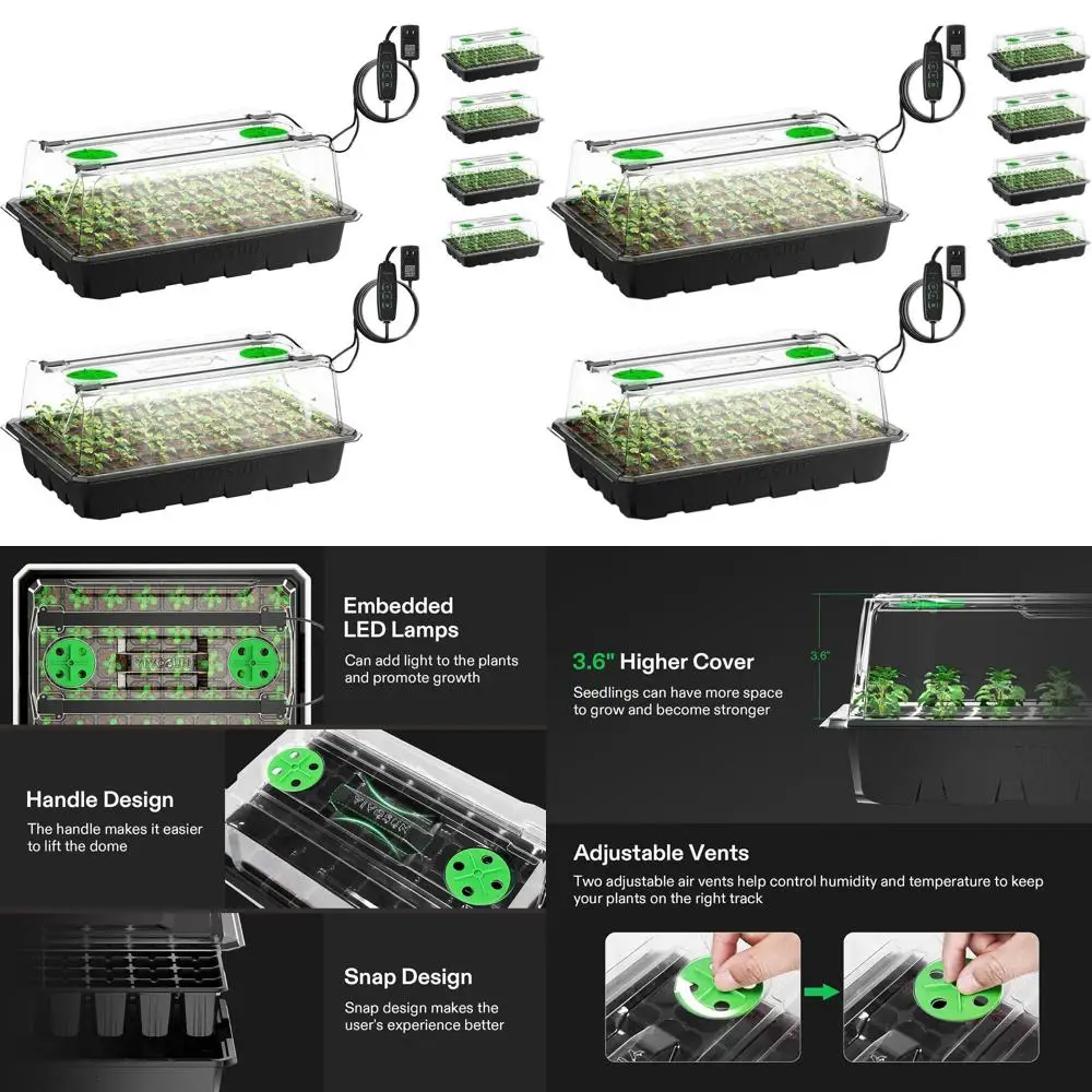 

Набор из 6 лотков для рассады с 240 ячейками, светодиодными лампами, регулируемыми вентиляционными отверстиями, дренажем и зеленым лотком для проращивания