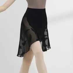 Falda de Ballet con patrón de plumas para mujer, falda envolvente negra, tutú de Ballet, falda elástica para adultos, Ropa de baile de gimnasia de bailarina