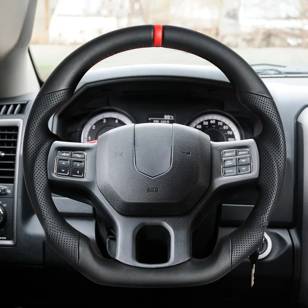 Full Leather Sport Steering Wheel Compatible with Dodge Ram 1500 2012-2018, Top & Bottom Smooth Leather, Side Perforated Leather
