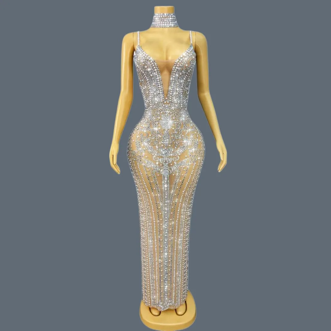 

Birthday Event Party Sparkly Rhinestone Slip Long Dress Luxury Sexy Women Chic Outfit See Through Mesh Evening Gown Tianlianjie
