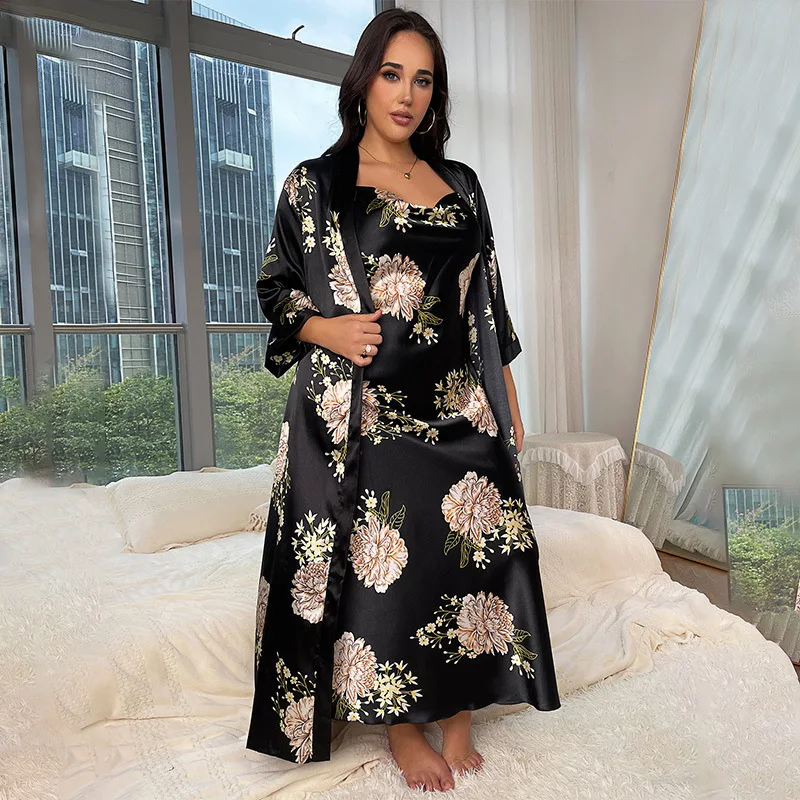 Oversize Female Long Kimono Bathrobe Gown Summer Satin Robe Nightgown Set Sleepwear Loose Print Flower Home Dress Lounge Wear