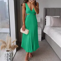 Elegant Long Dresses Women's Summer V-neck Sleeveless Hollow Out Backless Sexy Dress Robe Jurk Vestido Verde Abiti Lunghi Y2k