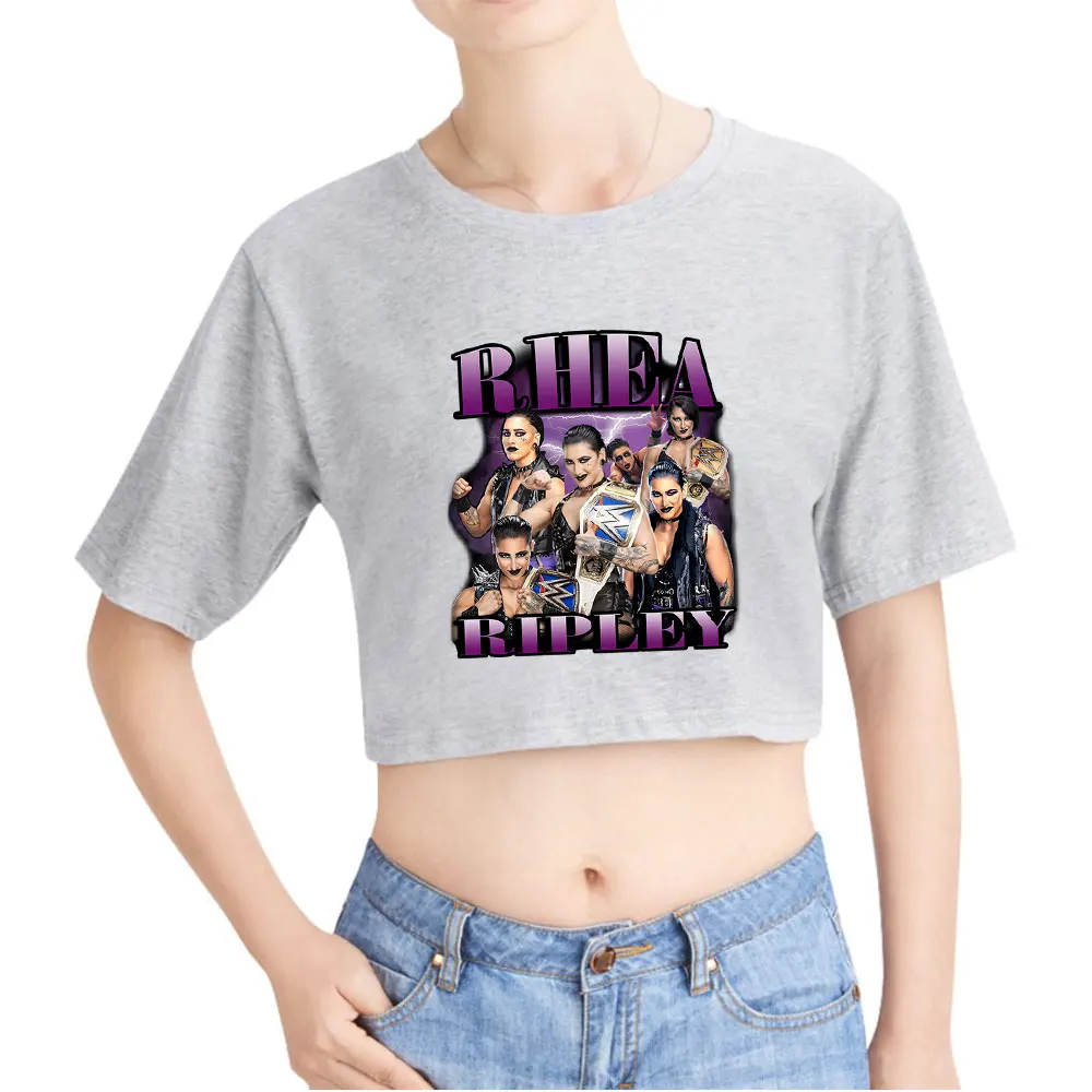 Rhea Ripley Vintage Crop Top z lat 90. z odkrytym pępkiem, zabawny T-shirt oversize z okrągłym dekoltem, top damski