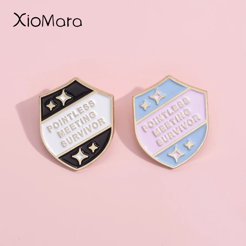 Pointless Meeting Survivor Enamel Pins Custom Cartoon Games Shield Brooches Lapel Badges Jewelry Gift For Kids Friends