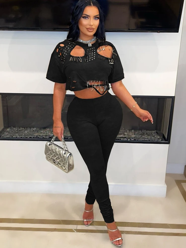 

Summer Suit 2piece Woman Outfit Short Sleeve Cut Out Top and Pant Sets Streetwear Casual Elegant Set Wholesale Dropshipping