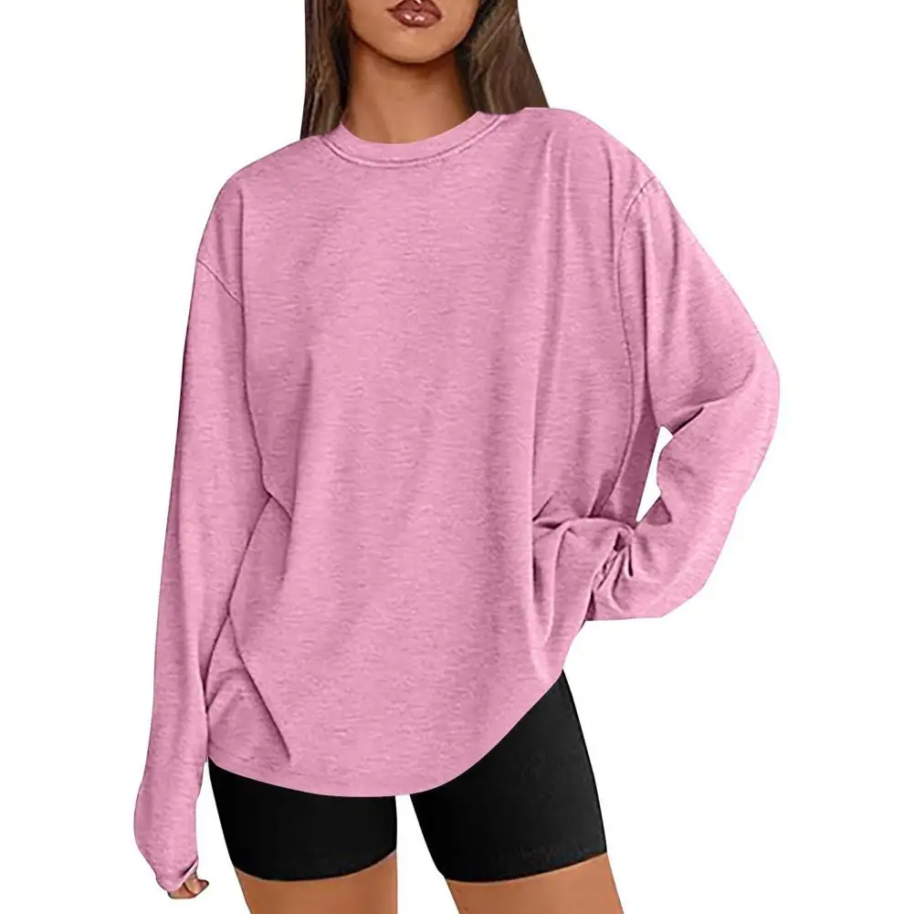 Women Tops Round Neck Long Sleeve Solid Color Loose Fit Pullover Tops Soft Stretchy Casual Jumper Daily Wear