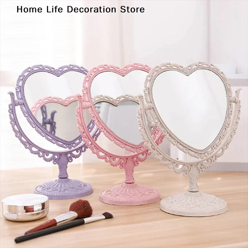 New Women Desktop Makeup Mirror Heart Shape Makeup Vanity Portable Double-side Vanity Mirror Hand Mirror Cosmetic Compact Mirror