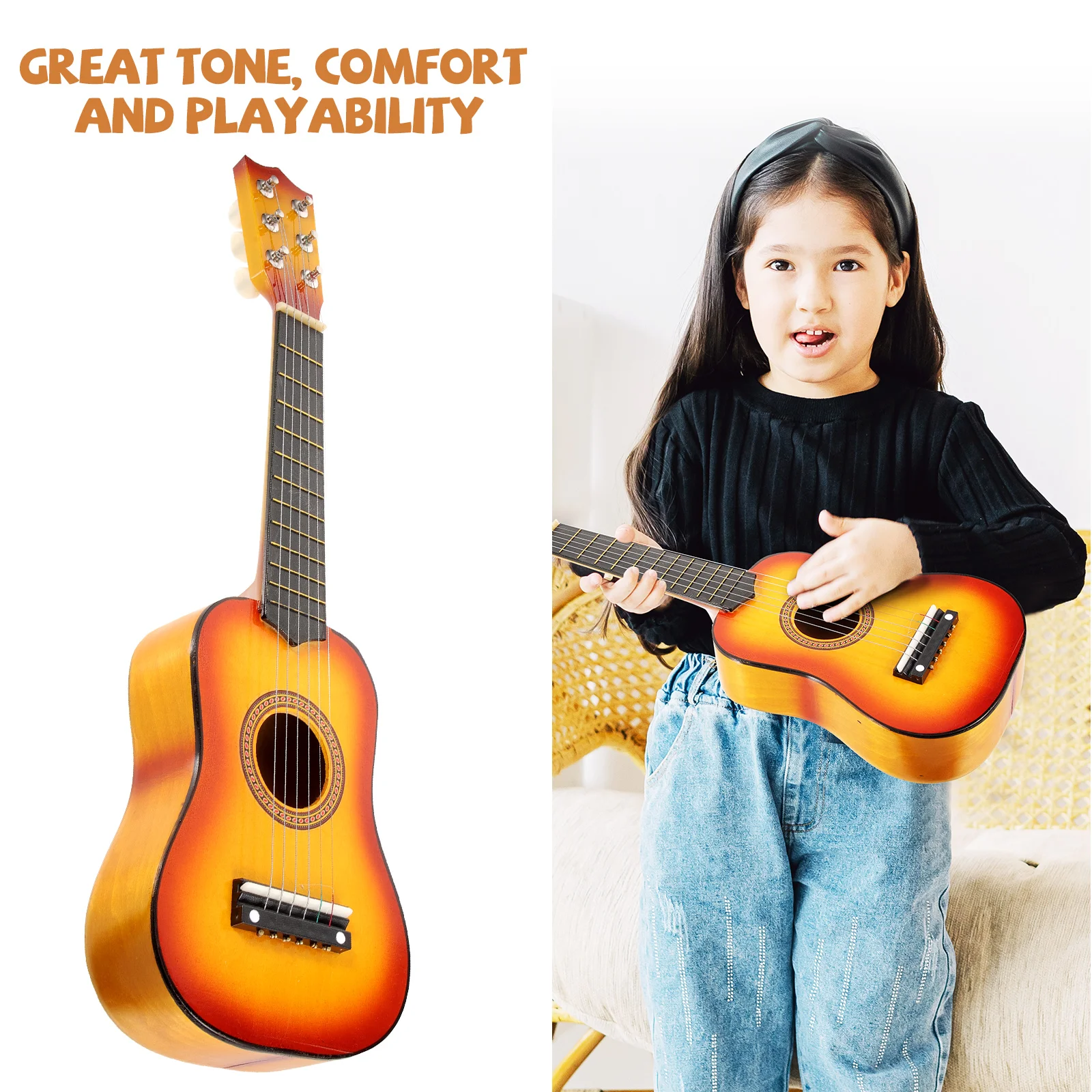 

21 Inch Kids Guitar Portable Acoustic Wooden Musical Instrument Creative Design Low String Action Durable Gift