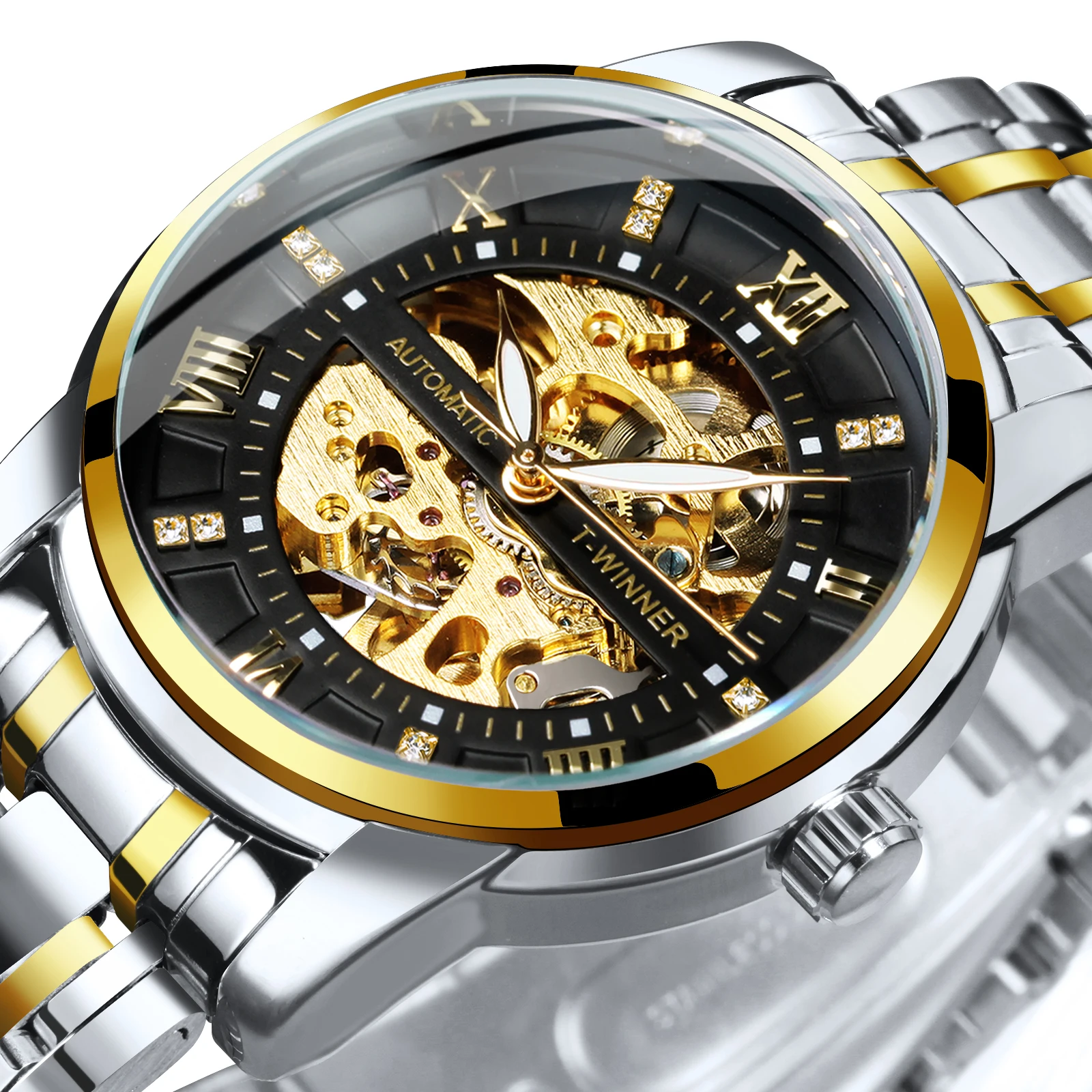 WINNER Modische Mechanische Uhr für Herren mit Leuchtzeigern, Edelstahlarmband, Gold, Iced Out, Automatik-Herrenuhr, Top-Marke, Geschenk