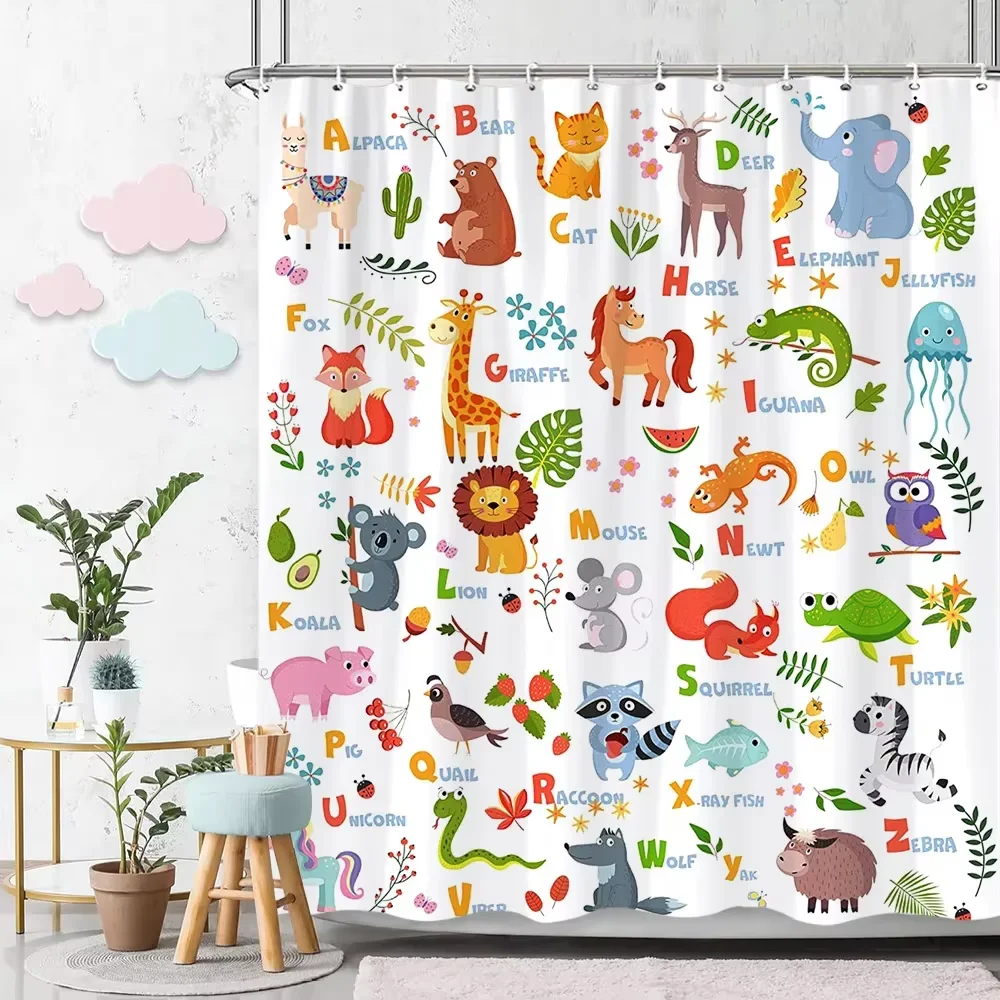 Cartoon Animal Alphabet Shower Curtain Kids ABC Educational Learning Tools Baby Girls Boys Colourful Bath Curtain Bathroom Decor