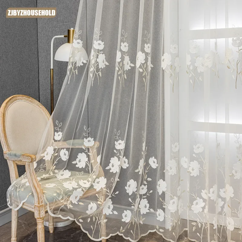 Translucent Embroidered Curtains White Rustic Flower Gauze Curtains for Living Dining Room Bedroom Semi-Blackout Customise