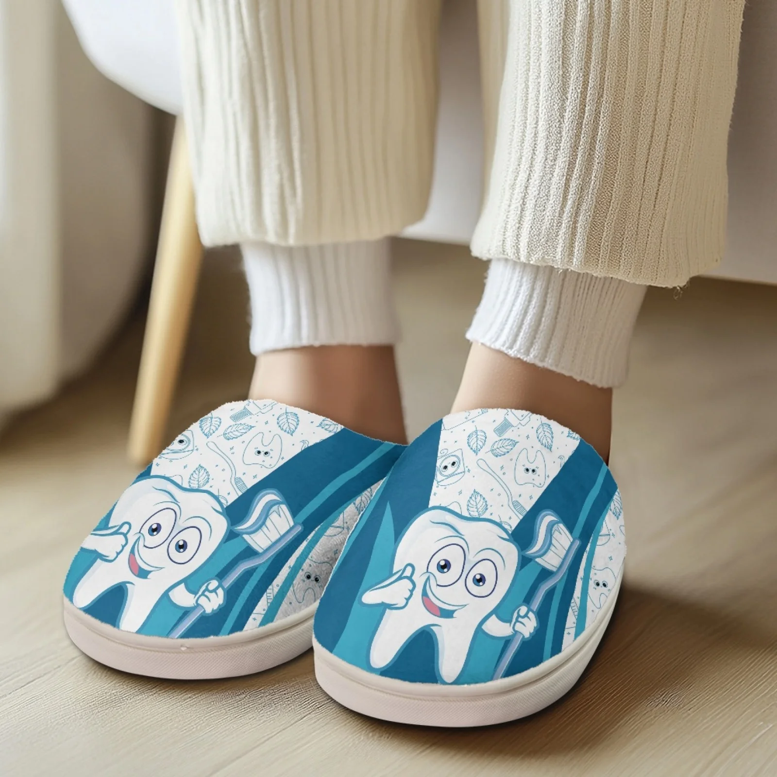 PENSTROLL Cute Cartoon Tooth Wfh Cozy Essentials Slippers Wide Width Plush Slides Fuzzy Slippers for House