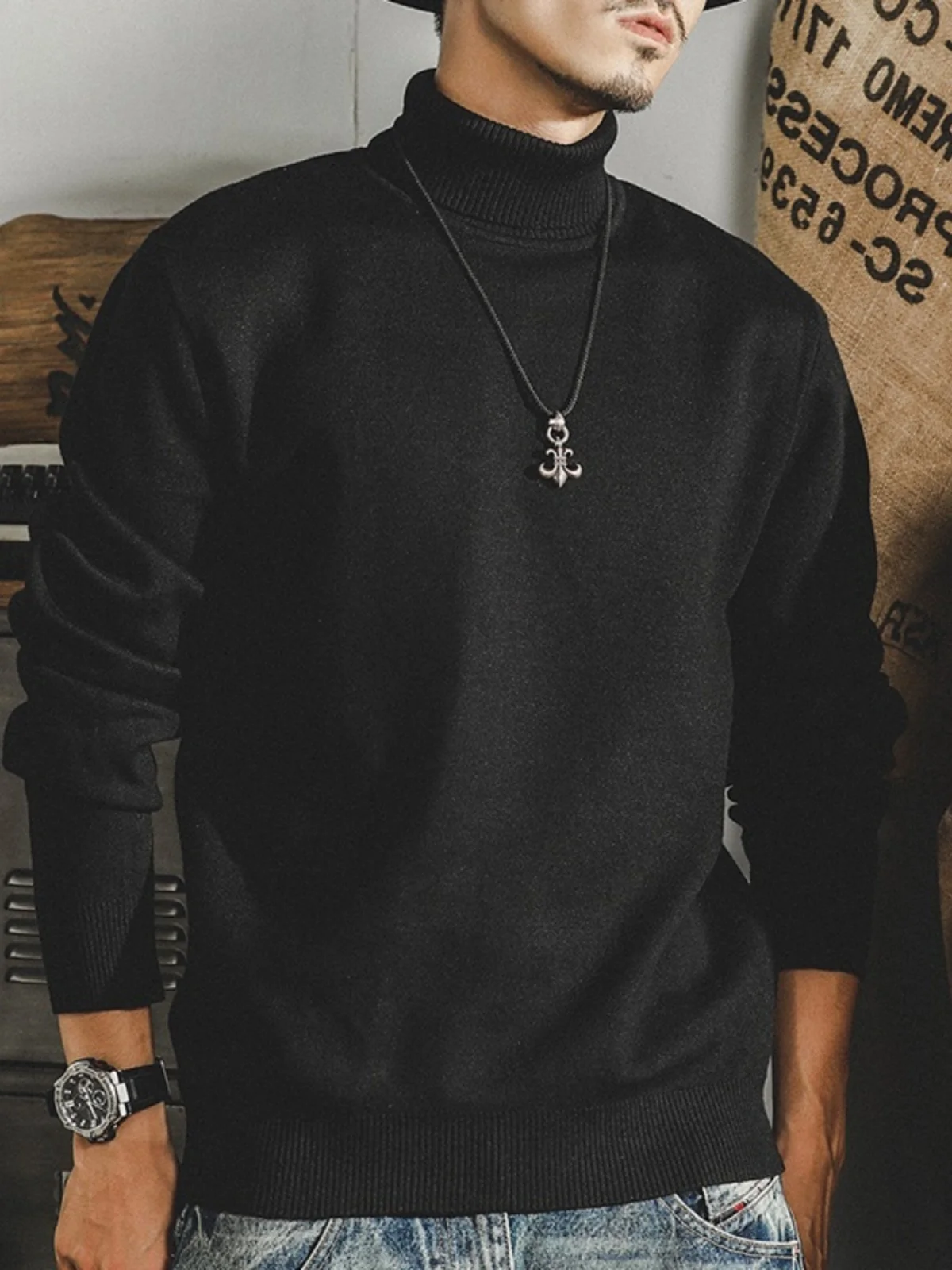 

Американский классический ретро-джемпер для мужчин: простой, однотонный, с высоким воротником, зимний, базовый, молодежный, с длинным рукавом